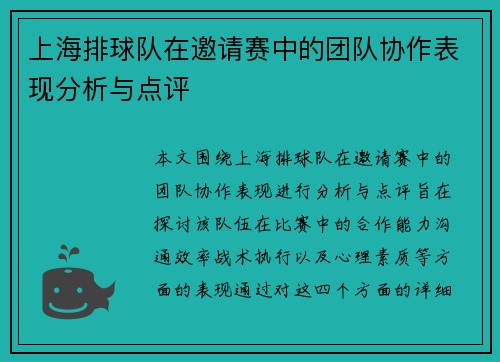 上海排球队在邀请赛中的团队协作表现分析与点评